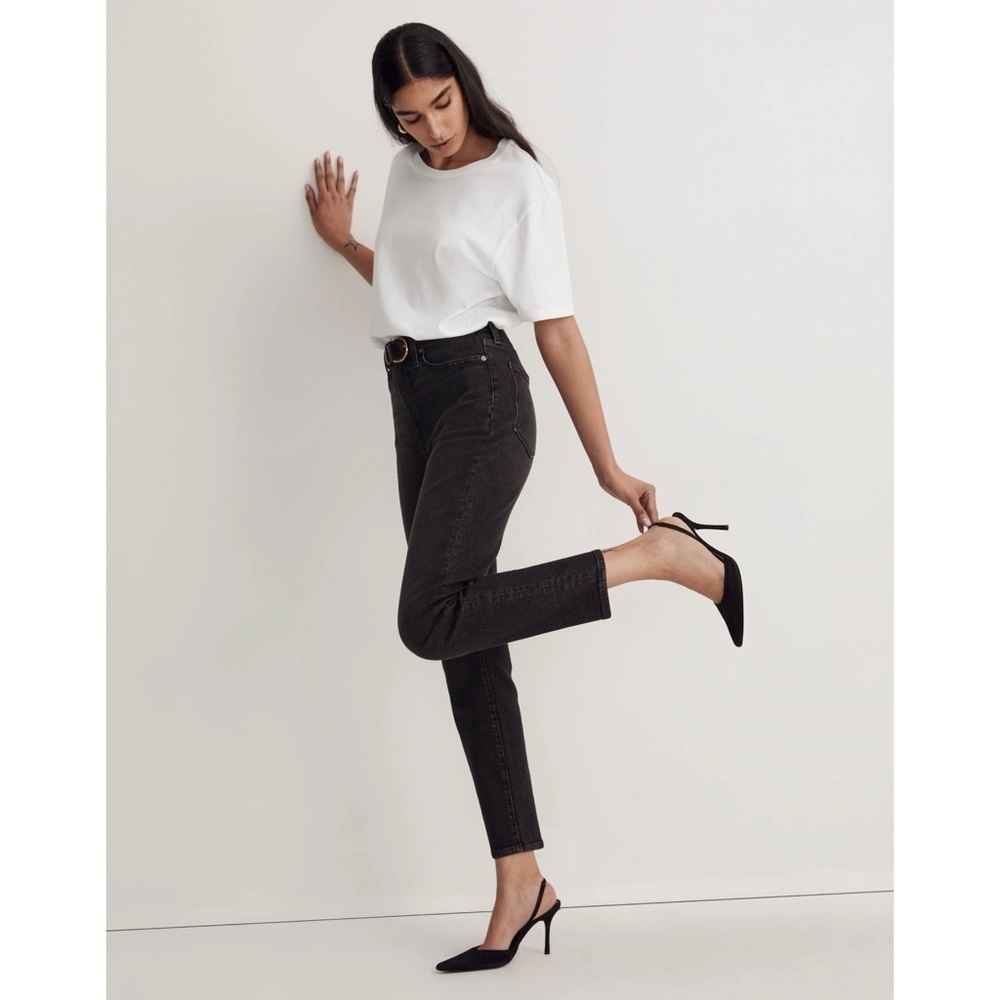 Madewell The Momjean Denim High Rise Stretch Ankle Black Hillshore Wash Size 25